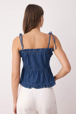 Mavi Omuzdan Baglamal? Etek Ucu F?f?rl? Denim Bluz TWOSS25BZ00434