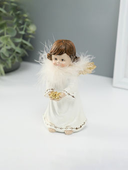 Фигурка полистоун «Ангелочек со звёздами в ладонях», пух, золотые крылья, 8.5×7×13 см