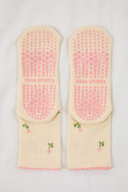 Ekru-Pembe Pamuklu Cicekli Kayd?rmaz Yoga/Pilates Orme Corap THMAW26CO00019