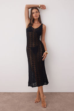 Siyah Maxi Triko V Yaka Plaj Elbisesi TBESS25EL00152