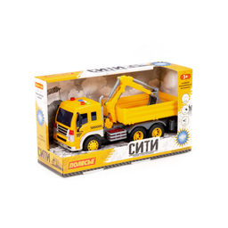 Сити, автомобиль бортовой с манипулятором инерционный (со светом и звуком) (жёлтый) (в коробке)