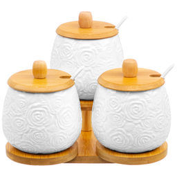 Набор банок д/хранения 3 пр. 400 мл 21*19*17 см "Розы" на дер. подставке + ложки