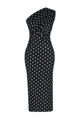 Siyah Bask?l? Fitted/Vucuda Oturan Tek Omuz Asimetrik Buzgu Detayl? Orme Kalem Elbise TWOSS23EL02182