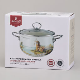 КАСТРЮЛЯ AGNESS ЭМАЛИРОВАННАЯ СО СТЕКЛЯННОЙ КРЫШКОЙ СЕРИЯ LAVANDER CATS, 2,8 Л ДИА. 20СМ  фото 2