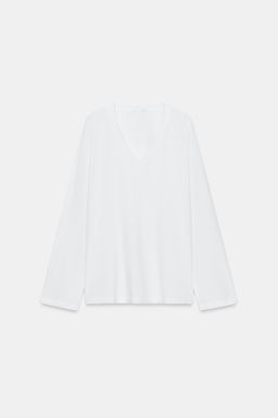 CAMISETA ESCOTE PICO ALGOD?N / Blanco - Zara фото 6