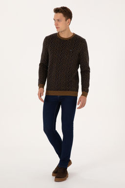 Erkek Slim Fit Bisiklet Yaka Haki Kazak