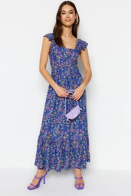 Mavi Cicek Desenli Kare Yaka A Kesim Viskon Midi Dokuma Elbise TWOSS20EL3331