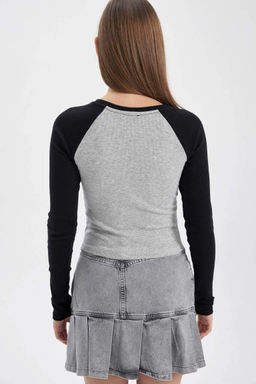 Облегающая футболка Cool Blink с круглым вырезом и длинными рукавами в рубчик - Defacto фото 7