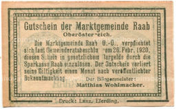 Банкнота 10 геллеров 1920 года Австрия  Рааб (нотгельд)