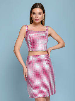 Топ твидовый вишневого цвета с принтом "гусиная лапка" длины мини