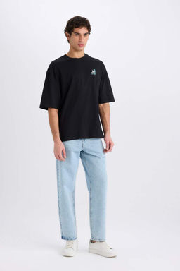 Loose Fit Bisiklet Yaka S?rt Bask?l? K?sa Kollu Tisort - Defacto фото 4