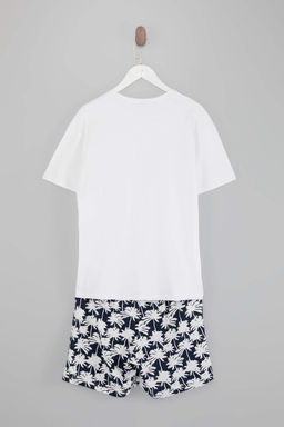 Ekru Regular Kesim Palmiye Desenli Pamuklu T-shirt-Sort Pijama Tak?m? TMNSS26PT00023