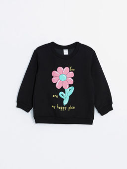 Beli Lastikli Bask?l? K?z Bebek Sweatshirt