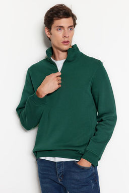 Yesil Regular/Normal Kesim Dik Yaka Fermuarl? Pamuklu Basic Ici Polarl? Sweatshirt TMNAW24SW00041