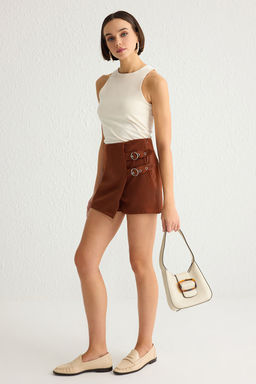 TRENDYOLMILLA Koyu Kahverengi Kemer Detayl? Dokuma Sort Etek TWOAW21SR0034 фото 9