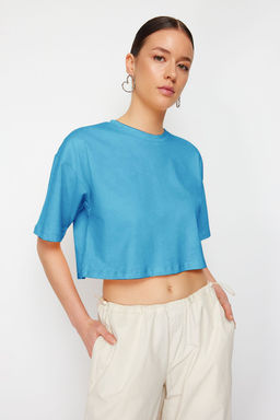 TRENDYOLMILLA Beyaz %100 Pamuk Premium Crop Bisiklet Yaka Orme T-Shirt TWOSS23TS00038  фото 27