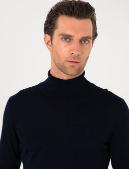 Lacivert Slim Fit Y_n Kar___ml_ Bal_k__ Yaka Basic Triko Kazak