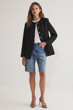 Siyah Vatkal? Bisiklet Yaka Dokuma Blazer Ceket TWOSS25BC00008