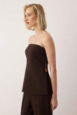 EXCLUSIVE Ozel Koleksiyon Kahverengi Straplez Astarl? Baglamal? Dokumlu Dokuma Bluz TWOAW26BZ00263 - Trendyolmilla фото 3