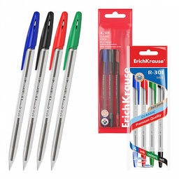 Цена за 24 шт. Набор из 4 ручек шариковых ErichKrause R-301 Stick Classic 1.0, цвет чернил: синий, черный, красный, зеленый (в пакете)