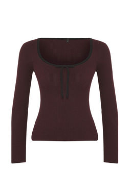Bordo Merserize Gorunumlu Premium Iplik/Ozel Iplik Kurdele/Fiyonk Detayl? Triko Kazak TWOAW25KZ00207