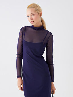 Dik Yaka D?z Uzun Kollu Elbise