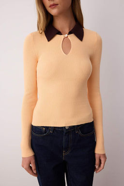 Ac?k Turuncu Merserize Gorunumlu Premium Iplik/Ozel Iplik Polo Yaka Triko Body Kazak TWOAW26KZ00028 - Trendyolmilla фото 3