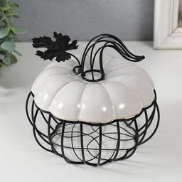 Шкатулка для украшений «Тыква с листочком», металл, керамика, белая с чёрным, 14×14×13 см