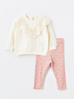 Bisiklet Yaka Uzun Kollu Nak??l? K?z Bebek Sweatshirt ve Tayt 2li Tak?m