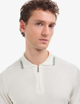 Ekru Slim Fit Polo Yaka Fermuarl_ Triko Ti__rt