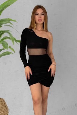 Trendyolmilla Siyah Vucuda Oturan Transparan Detayl? Tek Kol Orme Elbise TPRAW25EL00169