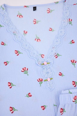 Mavi Cicekli Dantel Detayl? Burumcuk Dokulu Orme Pijama Tak?m? THMSS26PT00011 - Trendyolmilla фото 14