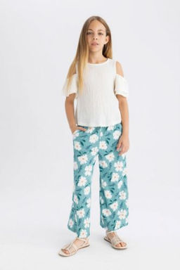 K?z Cocuk Wide Leg Genis Bol Paca Cicekli Beli Lastikli Burumcuk Pantolon