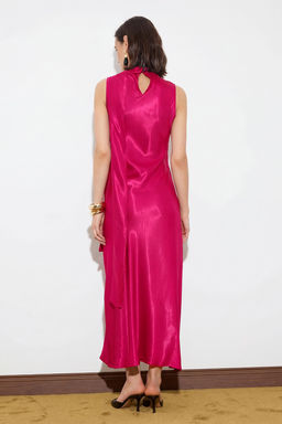 Fusya Duz Dokuma Saten Midi Astars?z S?k/Gece Elbise