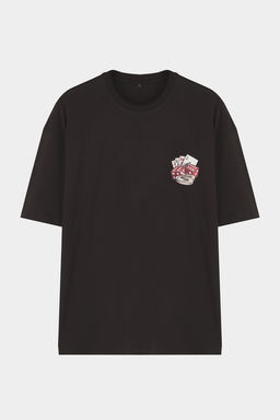 TRENDYOL MAN Siyah Oversize/Genis Kesim Iskambil S?rt Bask?l? %100 Pamuk T-Shirt TMNSS25TS00086 - Trendyolmilla фото 4