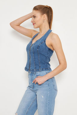 Trendyolmilla Ac?k Mavi Onu Fermuarl? Halter Yaka Fitted Denim Bluz TWOSS25BZ00068