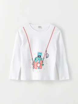 Bisiklet Yaka Bask?l? Uzun Kollu Pamuklu K?z ?ocuk Ti??rt