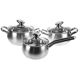 Ленинград Набор посуды из нержавеющей стали 10 предметов: кастрюля - 2 штуки: 18х9,5см 2,3л; 19,5х10,5см 3л; пароварка 23х22см 5л, ковш 16х9см 1,7л, сковорода 24х6,5см 2,4л без крышки, кухонная навеска пластмассовая - 5 штук, крышки стеклянные, руч - Домашняя мода фото 2