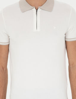 Beyaz Slim Fit Fermuarl_ Polo Yaka Triko T-shirt