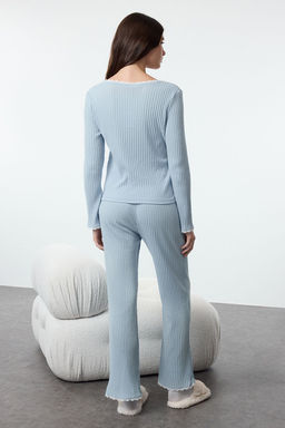 Trendyolmilla Bebe Mavisi Dantelli ve Kurdele/Fiyonk Detayl? Fitilli Orme Pijama Tak?m? THMAW25PT00044  фото 5