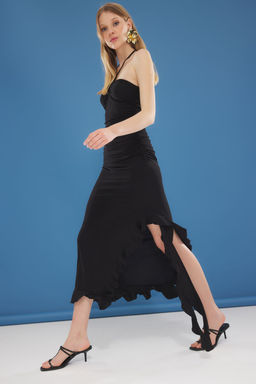 Bordo Ask?l? Buzgulu Y?rtmacl? F?rf?rl? Bodycone/Vucuda Oturan Maxi Orme Elbise TWOSS25EL00228 - Trendyolmilla фото 6