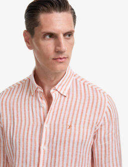 Turuncu Slim Fit %100 Keten Yakas_ D__meli _izgili G_mlek