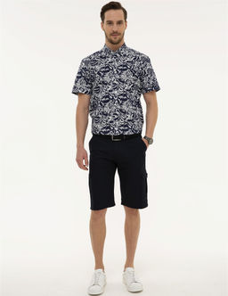 Lacivert Standart Fit Keten Kar___ml_ Bermuda _ort