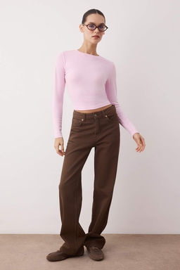 Ac?k Pembe Premium Viskon Bisiklet Yaka Crop Esnek Orme Bluz TWOAW24BZ00116