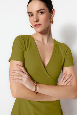 TRENDYOLMILLA Siyah Kruvaze Yaka A-Line Krep Mini Smart Orme Elbise TWOSS23EL01703 фото 11