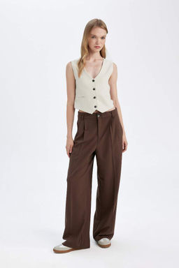 Широкие фланелевые брюки стандартной длины с высокой талией и карманами - Defacto фото 3