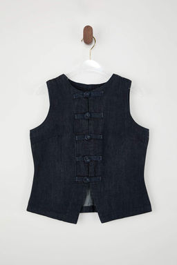 Koyu Mavi Dugme Detayl? Fitted 100% Pamuk Denim Yelek TWOSS26YE00004