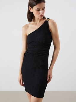 Tek Omuz Dokulu B?zg?l? Elbise