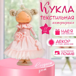 Интерьерная кукла текстильная Маленькая принцесса в розовом, с цветком, 35?15.5?17 см