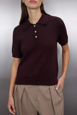 Kahverengi Polo Yaka Premium Iplik / Ozel Iplik Triko Ince Bluz TWOSS25BZ00184